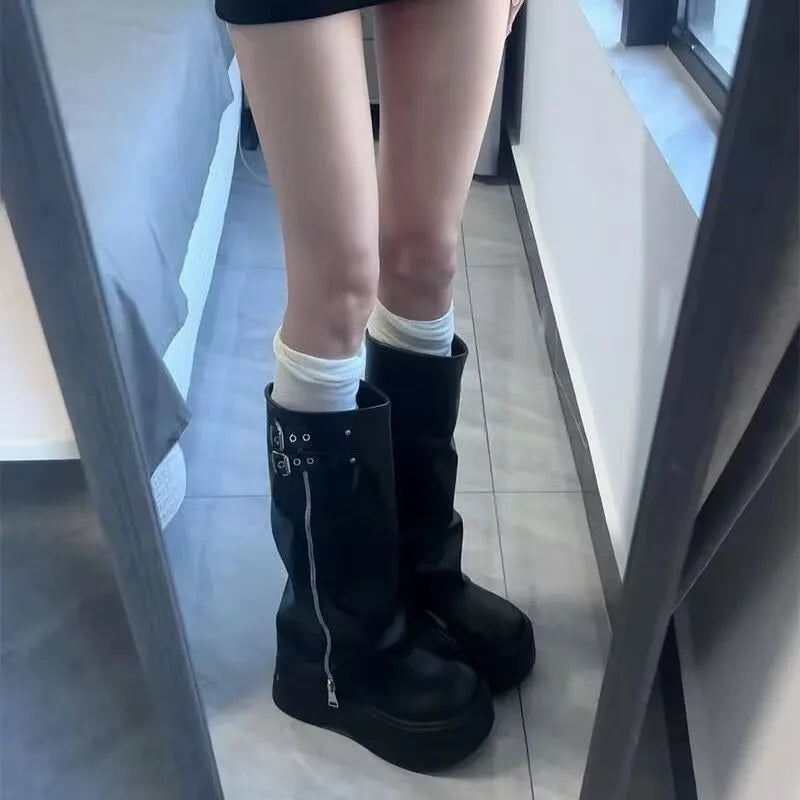 Buckle Rivet Mid-Calf Riding Boots