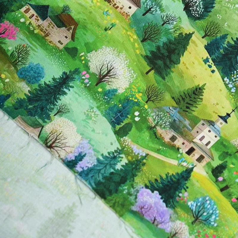 GREEN HANDPAINTED ARCHITECTURE COTTON FABRIC - 100% Cotton, Woven Brocade - Creative Rooms