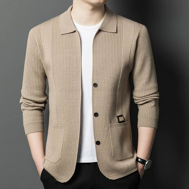 Men's Knitted Cardigan - Solid Color Lapel - Business Casual Done Right