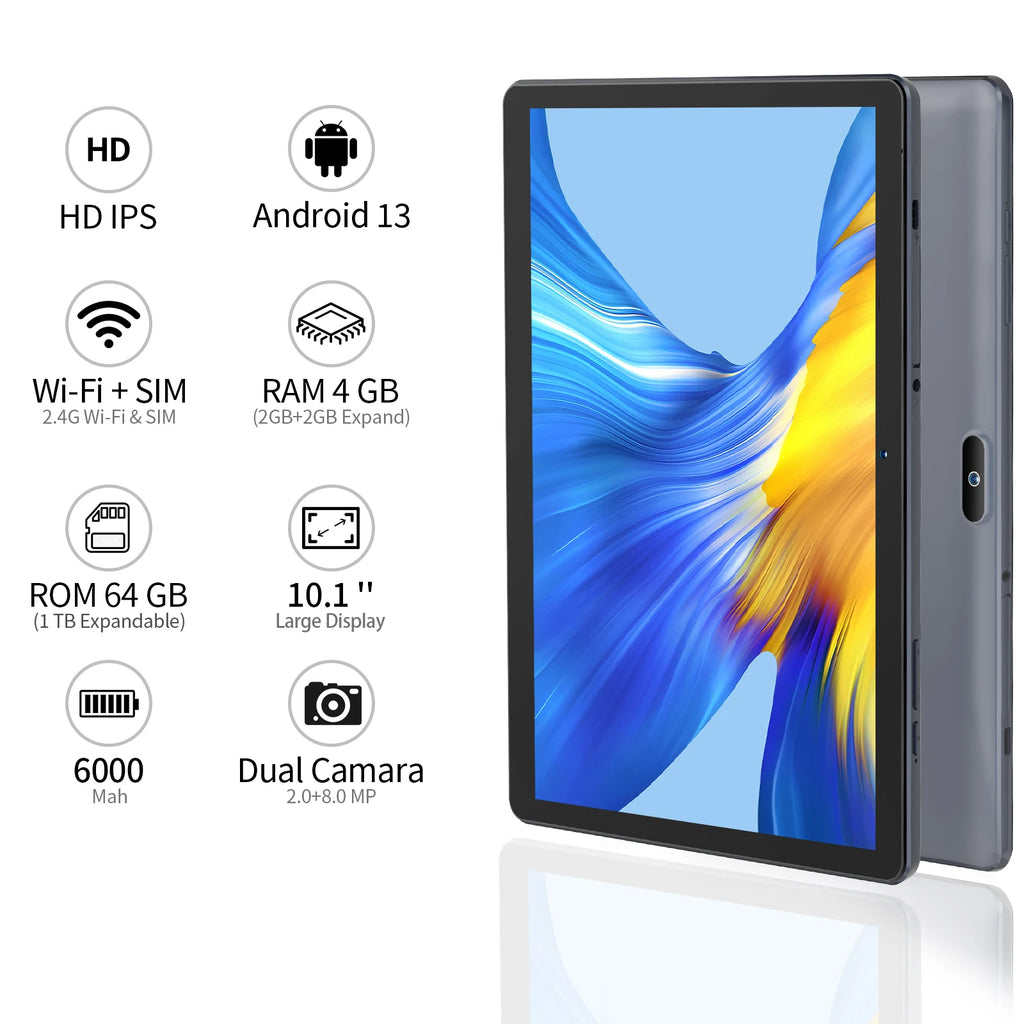 PRITOM 10.1" Android 13 Tablet - 4GB+64GB, 3G SIM, 6000mAh