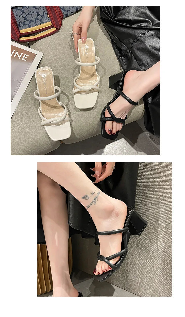 New Summer Fashion Bare-Toed Square-Head Mid-Heel Shoes Pleated Chunky Sandals with A-Line Single Shoe Women