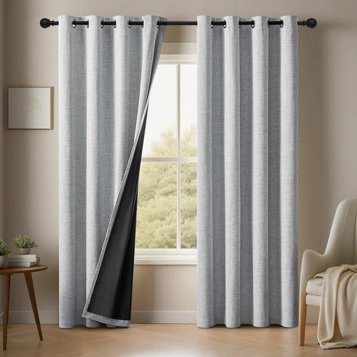 PLAIN BLACKOUT CURTAINS SET OF 2 - Linen Look, 3 Colors - Dark Rooms