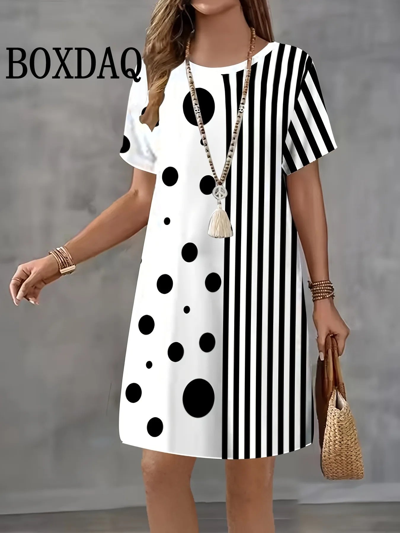 Geometric Print T-Shirt Dress – Loose O-Neck Short Sleeve Plus Size