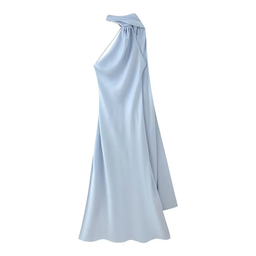 Satin Ribbon Halter Long Dresses Women's Backless Casual Maxi Dress Evening Wedding Guest White Blue Green Summer Graduation New