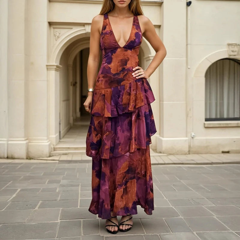2026 Spring new women's clothing Cross-border European and American dresses Elegant plant-printed suspender cake dress
