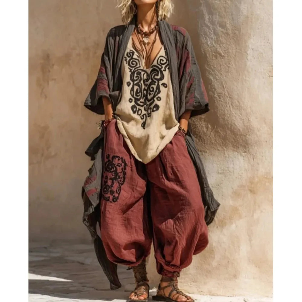Bohemian Retro Print Set - Wide Leg Pants Streetwear