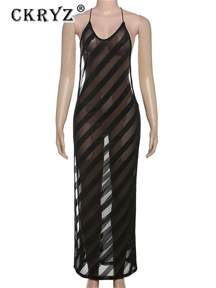 Ladies Summer Mesh Sexy Vacation Maxi Dress Women Sleeveless Backless Bodycon See Through New Long Dresses Night Club Streetwear