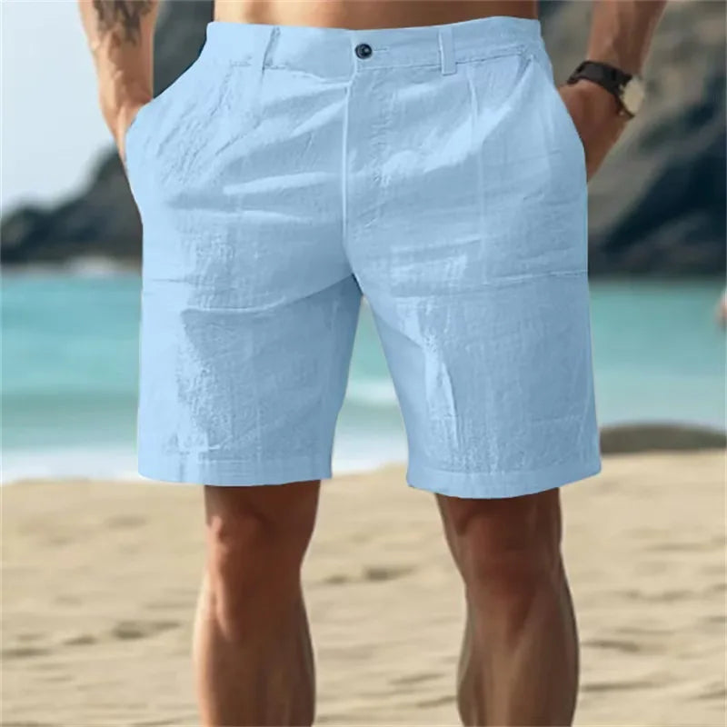2025 Men's Solid Color Casual Short Pants Linen Beach Breathable Comfortable Straight Short Trousers Hawaiian Holiday Men's Pants
