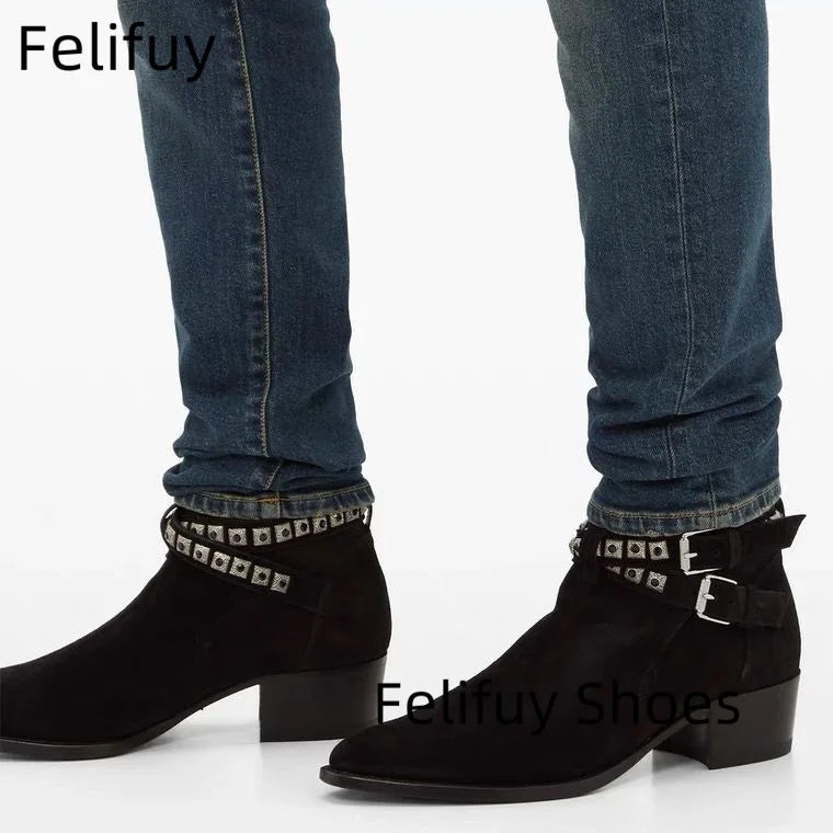 Rivet Chelsea Boots - Buckle Strap Handmade Genuine Leather British Style Pointed Toe
