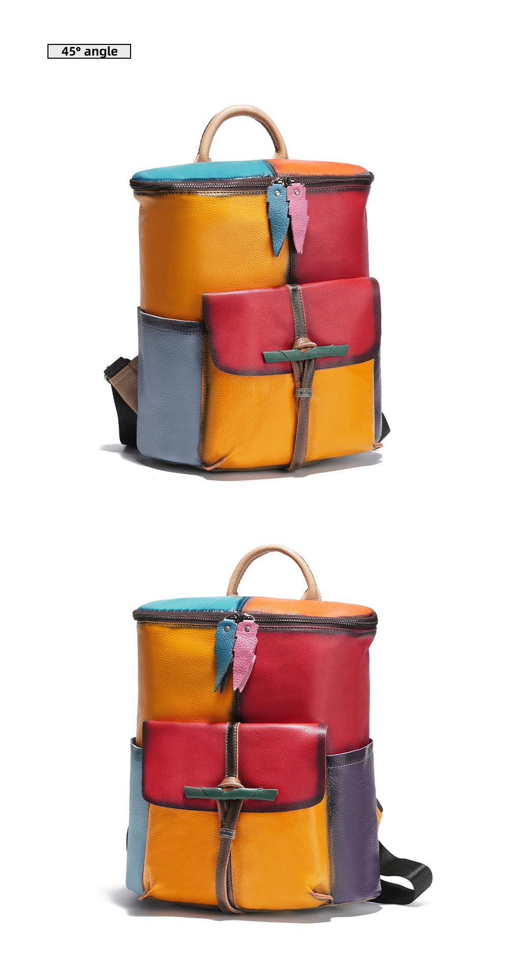 Patchwork Soft Cow Leather Backpack Rainbow Multicolor Large