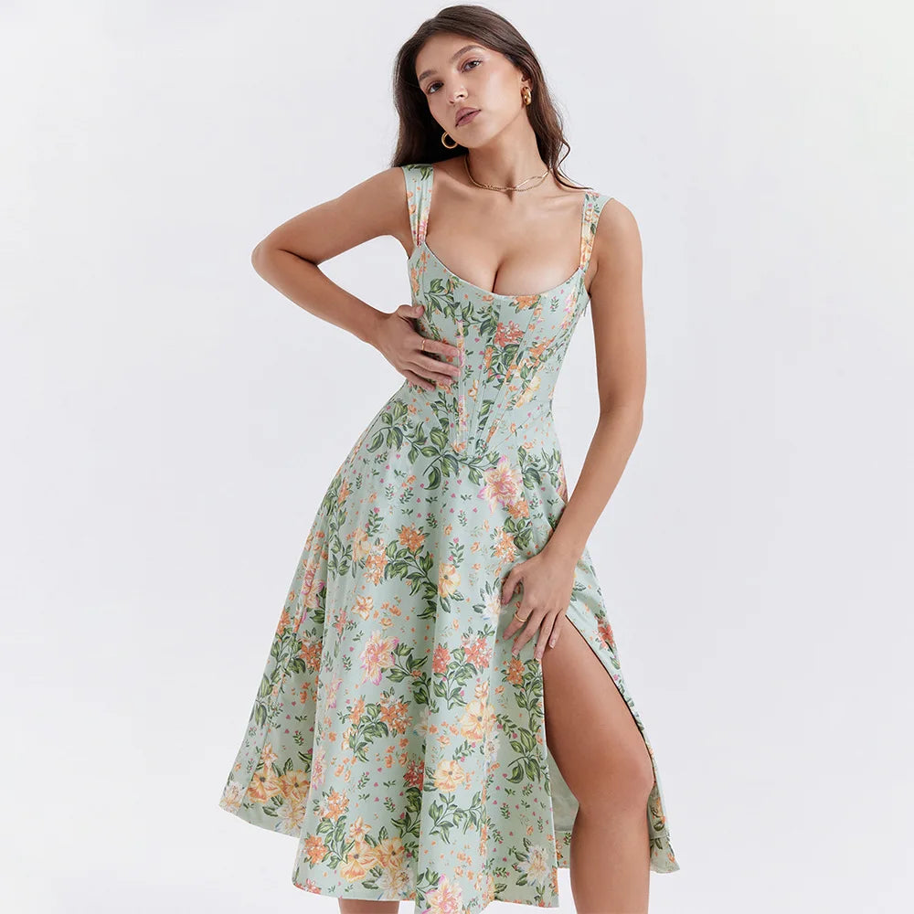 Vintage Floral Print Corset Midi Sun Dress Women's Pockets Dresses Female Bandage Sundress Red Green Blue Summer White Black New