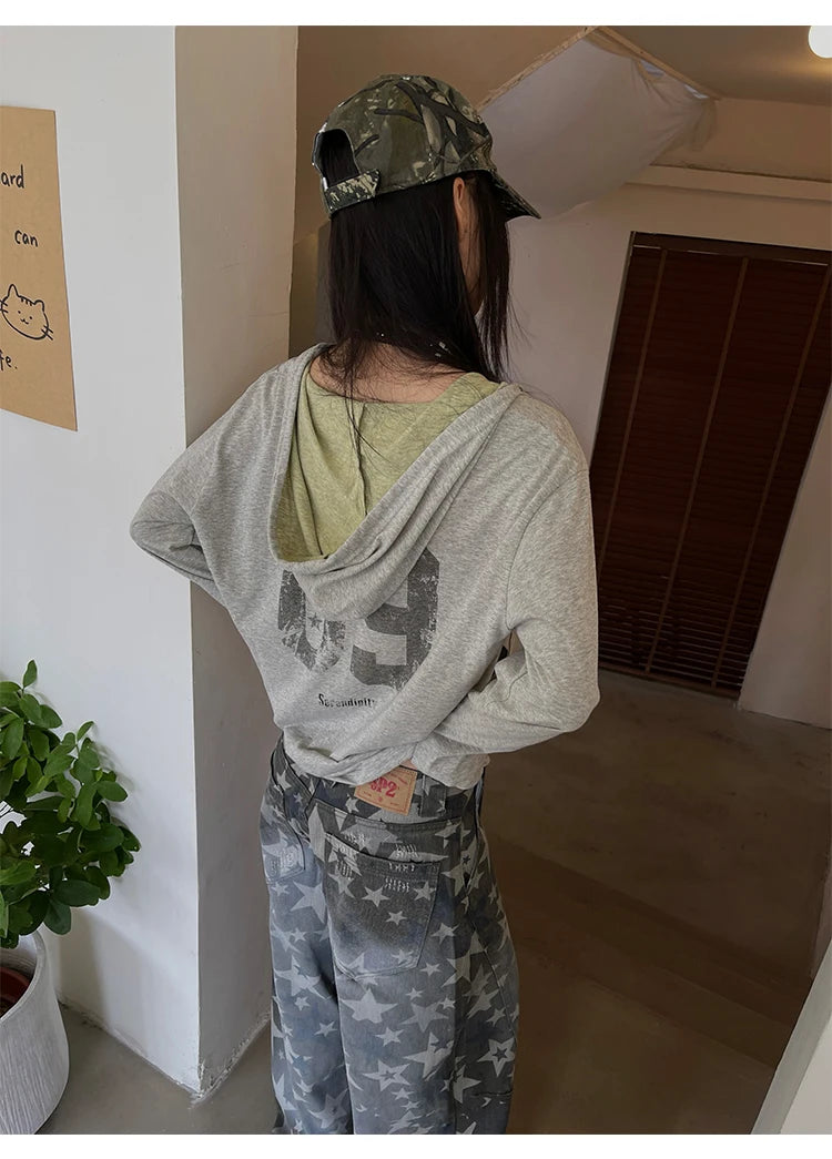 Genayooa Vintage Graphic Tops Women Long Sleeve Y2k Japanese T Shirt With Hooded Streetwear American Retro Grunge Tops E-girls