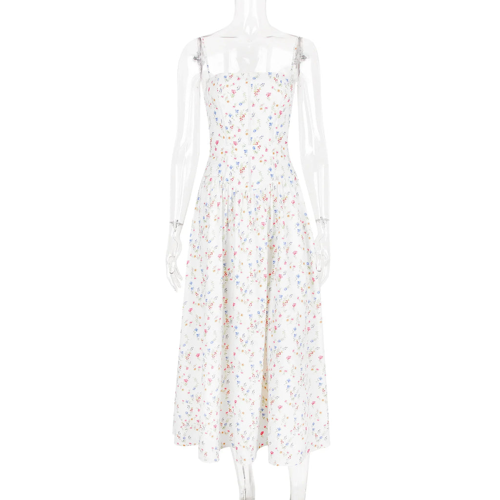 Oligai Floral Print Midi Sundress Elegant Spaghetti Strap Flowy Dress Aussie Summer Women Boho Chic Beach Dress