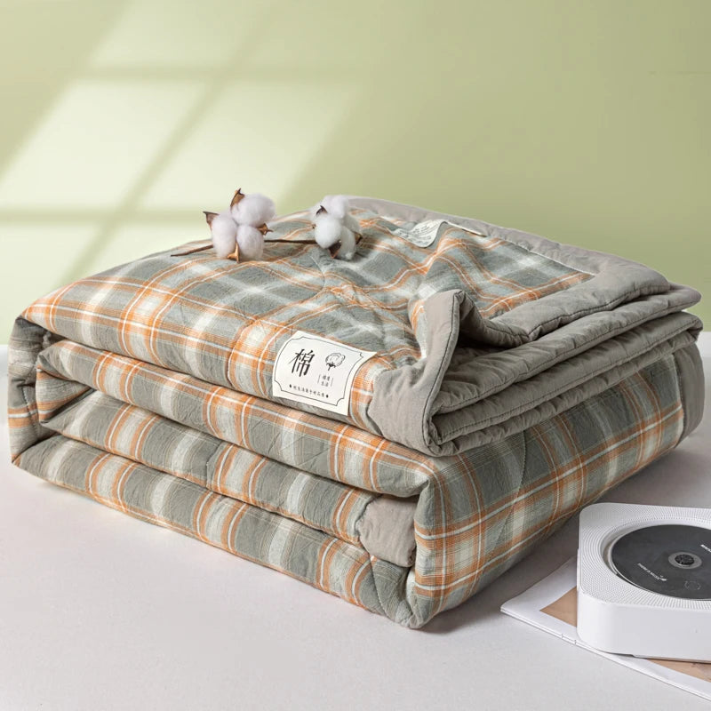 WASHED COTTON SUMMER COMFORTER - Pure Cotton Fill, Quilted Plaid - Cool Nights