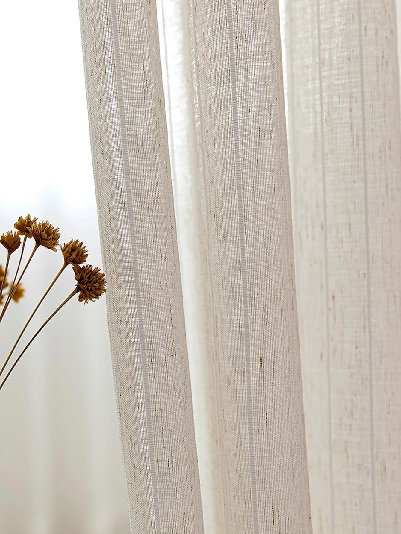 STRIPED LINEN SHEER CURTAINS - Beige Voile Panel, 4 Headings - Quiet Stripes, Easy Light