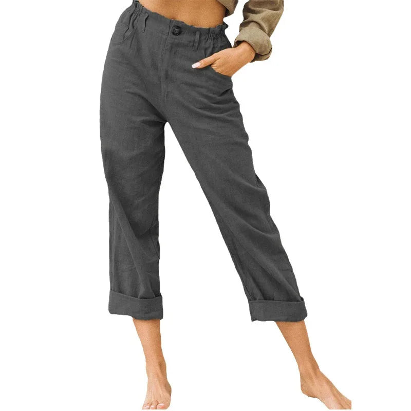 LINEN BLEND HAREM PANTS - Elastic Waist, Rolled Hem - All Day Ease