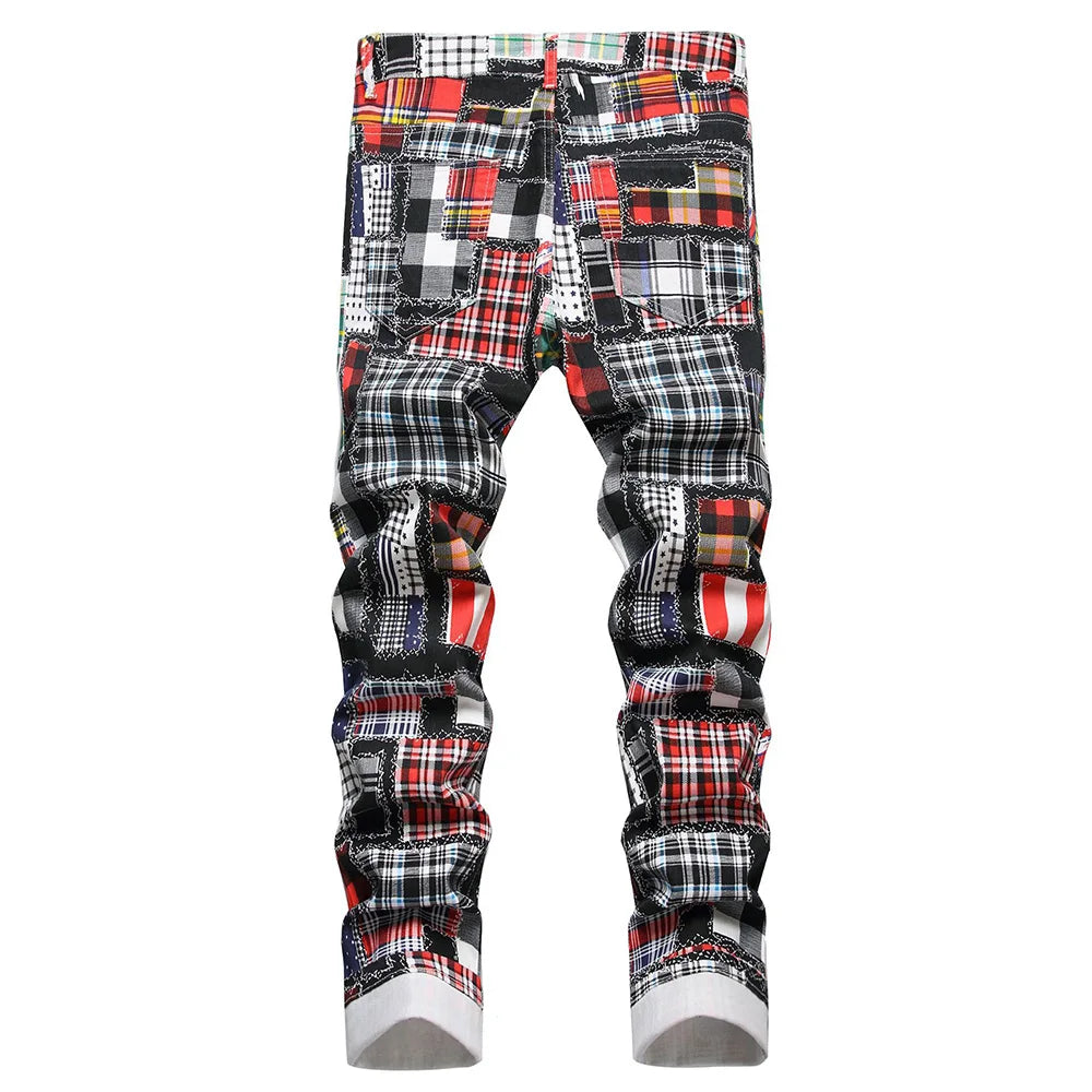 PATCH GRID - Men's Plaid Digital Print Patchwork Jeans - Slim Straight Stretch Denim