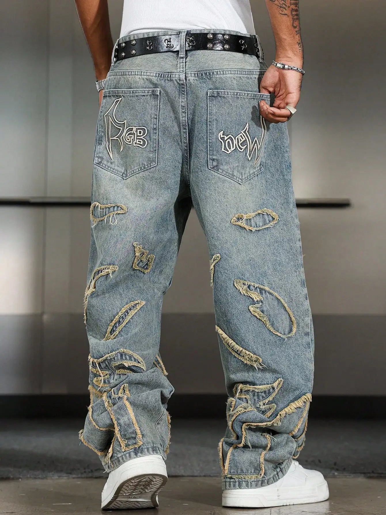 Men's Patchwork Frayed Denim Jeans - Wide Leg Streetwear - Embroidered High Street