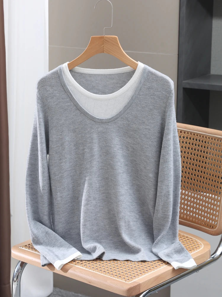 Casual Spring Autumn Women T-Shirts Merino Worsted Wool Female Knitted Pullover Long Sleeve Soft Clothing Tops Thin Outerwear