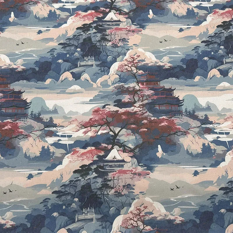 0.5m/1m/2m Encrypted Cotton Linen Retro Chinese Ink Style Fabric for Decorative Cloth, Tablecloths, Curtains, Handmade DIY Fabric