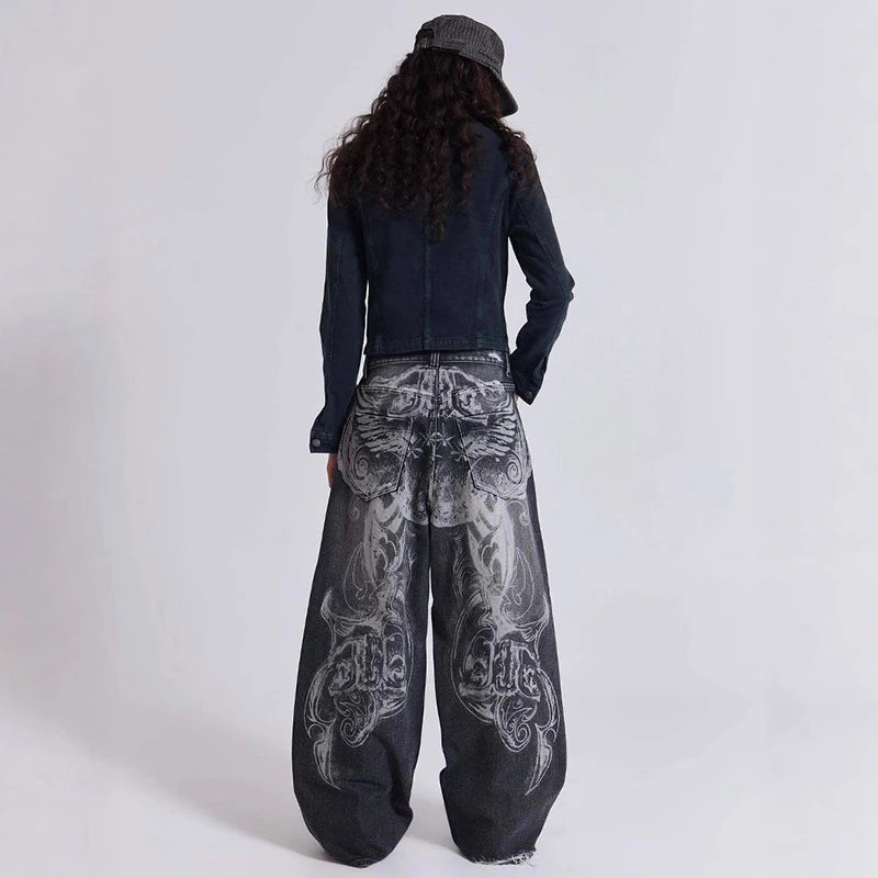 Black Printed Wide-Leg Jeans - Mid Rise - Punk Rhythm