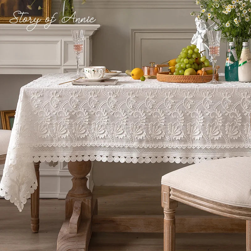 WHITE LACE TABLECLOTH - Cotton Floral Embroidery - Elegant Tables