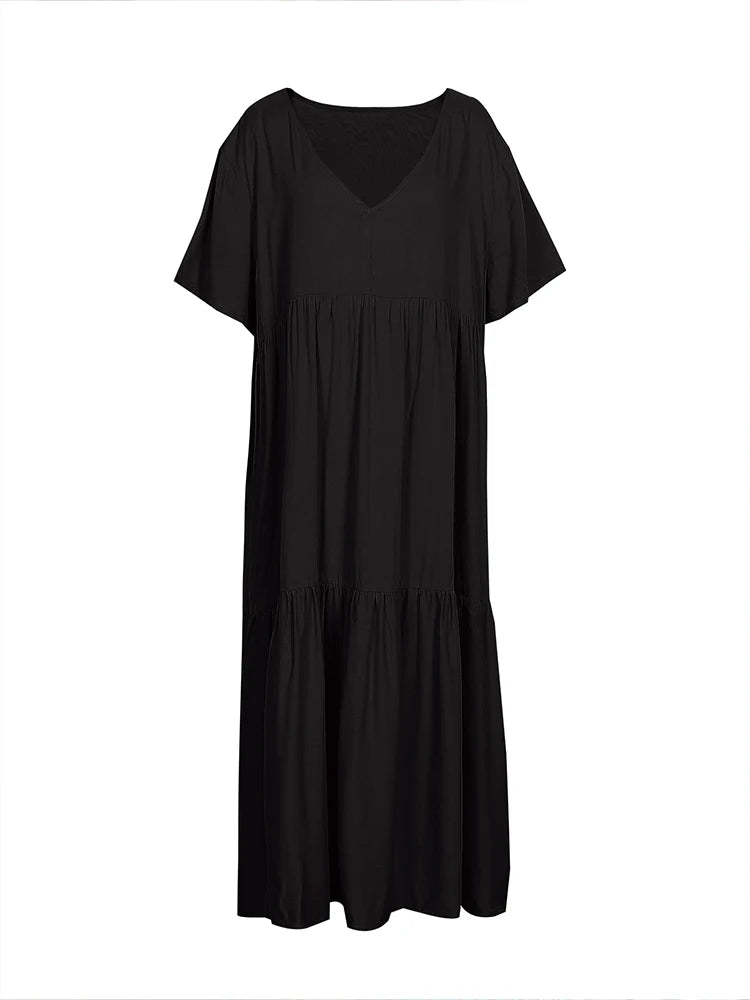 Plus Size 2025 Summer New V-neck Short Sleeve Pleated Solid Color Loose Casual Midi Dress Basic Hem Pleated