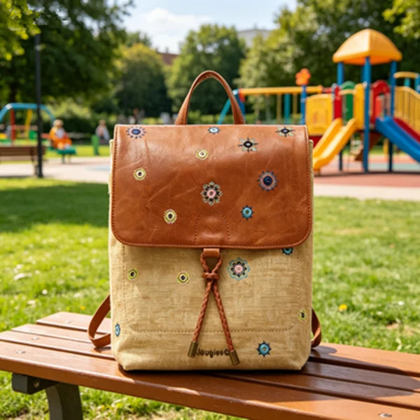 Embroidered Flap Denim Backpack