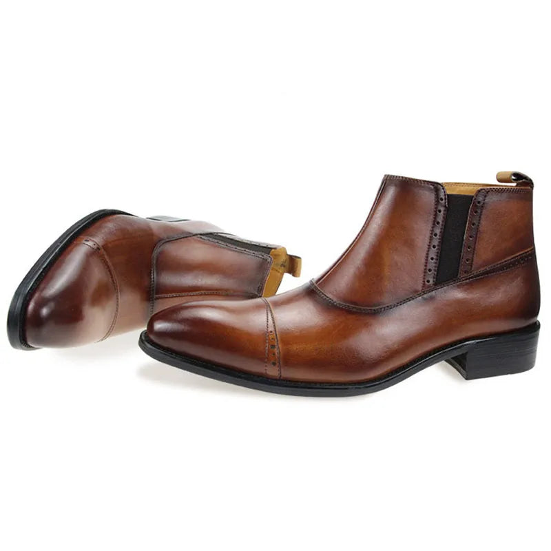 ZIPPER LUXE - Men's Handmade Genuine Leather Chelsea Boots - Business Zipper Pointed Toe