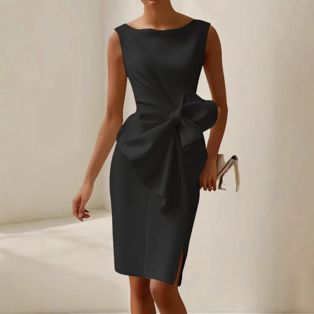 Elegant Solid Bow Dress For Women Fashion Sleeveless O Neck Slim Package Hip Dresses Lady Formal Evening Party Women's Clothing
