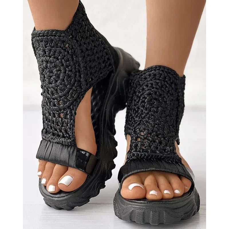 Hot Seller Gold Knitted Sandals for Women Braided Elastic Summer Shoe Mesh Flat Bottom Hollow Out Female Sandals Sandalias Mujer