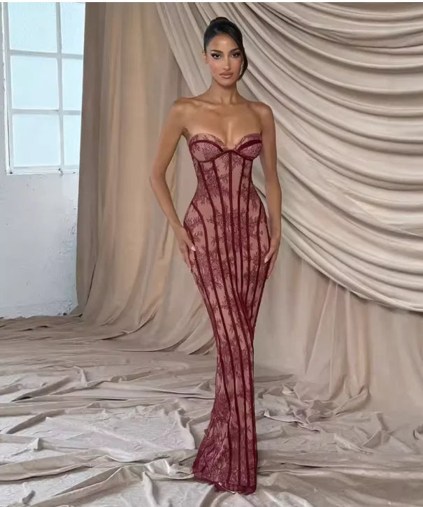 2026 Chic Gauze Fishbone Night Party Gown Elegant Off-shoulder Strapless Short Dress Women Lace Embroidery Shaping Maxi Vestidos