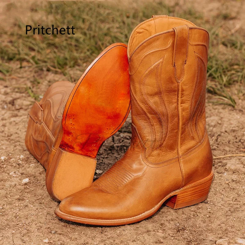 Men's Totem Western Cowboy Boots - Genuine Leather Mid-Calf Slip-On Waterproof Retro