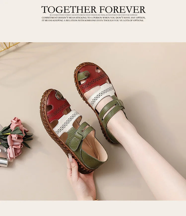 New patches gladiator sandals women's handmade bohemian shoes big size 43 woman real leather sandal ladies patchwork strap flats