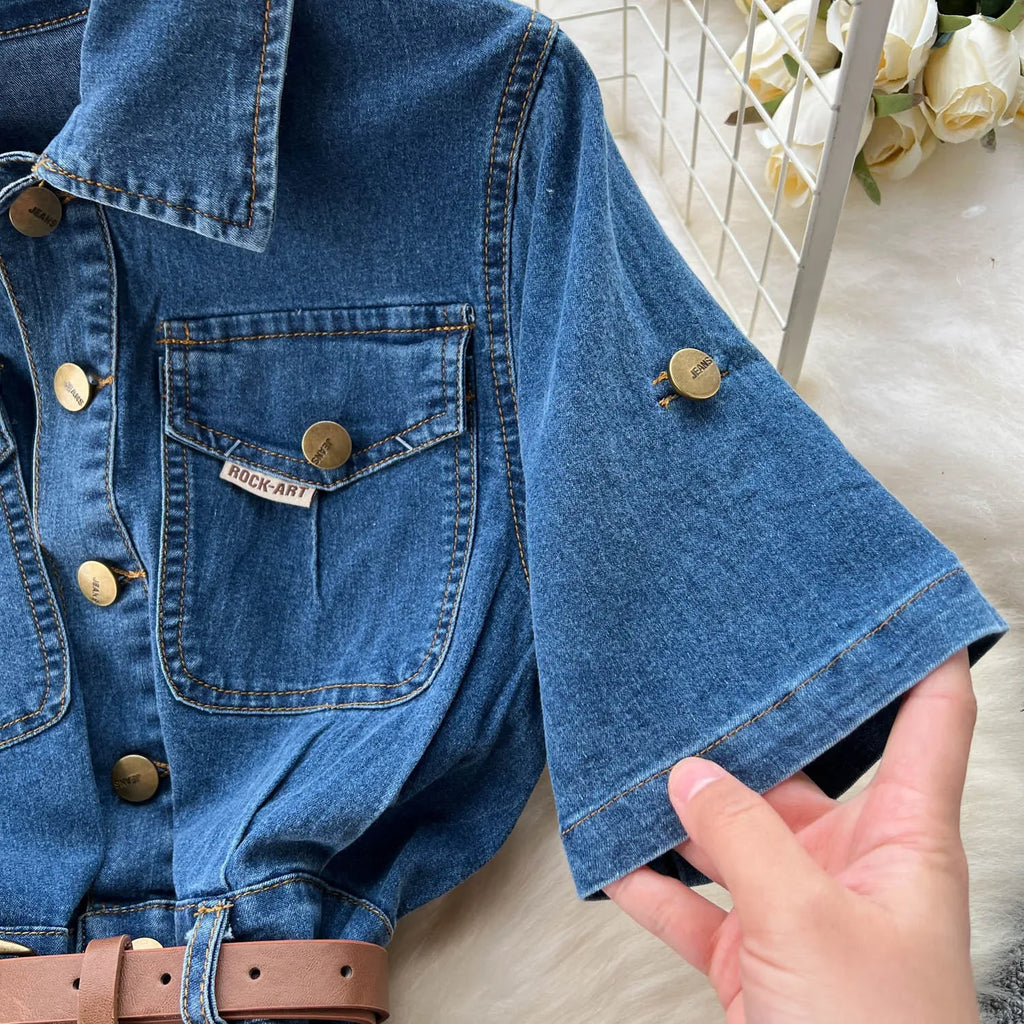 Design Sense Niche Denim Short-sleeved Dress Women. Korean Version Summer Leisure Temperament in The Long Slim-fit Shirt Dress