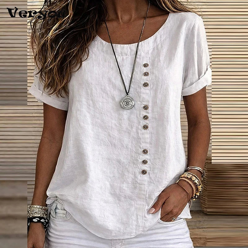 Vintage Short Sleeve Women T-Shirts O Neck Button Design Loose Tee Female Casual Harajuku Tops Summer Solid Color Oversize Tee