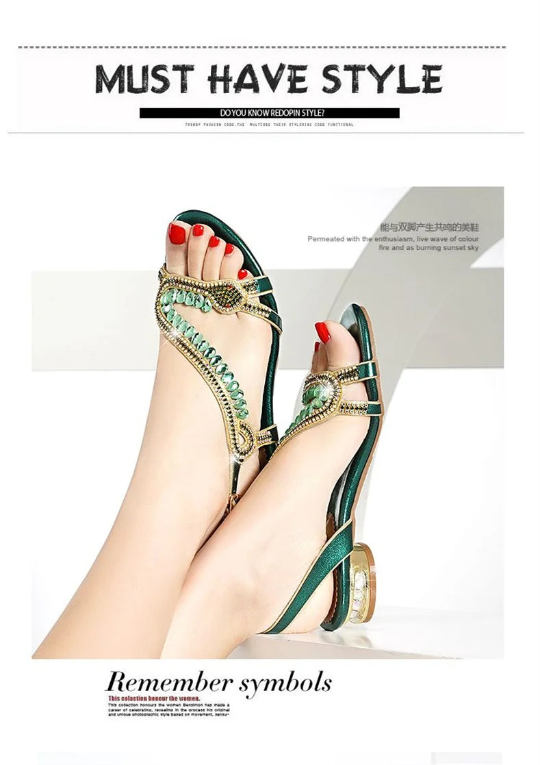 High-grade Rhinestones Fashion New Women's Summer Young Elegant Sandals Thick Heel Leisure Flat Bottomed Beach Sandals