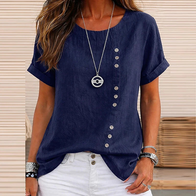 Vintage Short Sleeve Women T-Shirts O Neck Button Design Loose Tee Female Casual Harajuku Tops Summer Solid Color Oversize Tee