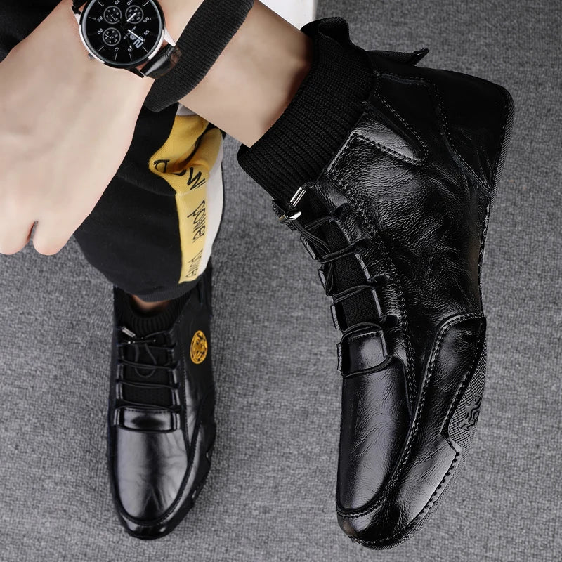 Men's Genuine Leather Ankle Boots - Elastic Band Round Toe Business Casual Handmade