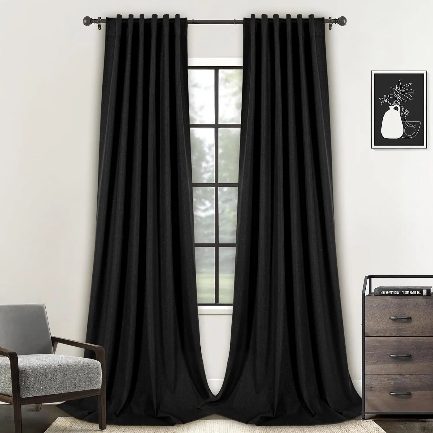 LINEN BLACKOUT CURTAINS - Full Light Block, Tab Top - Dark Quiet Rooms