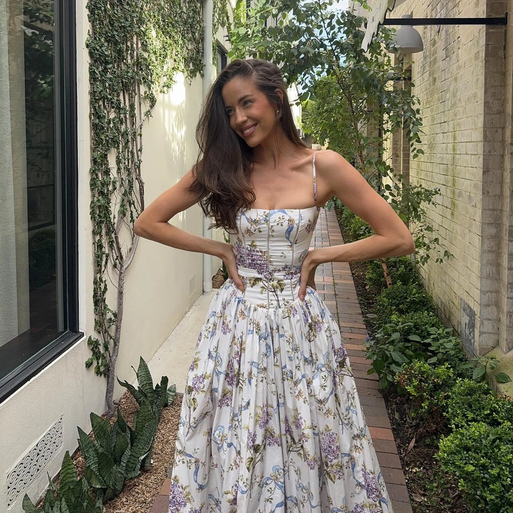 Sexy Floral Long Sun Dress Women's Hollow Out Sundress High Waist Suspenders Maxi Dresses Female 2025 Summer Yellow Festival New