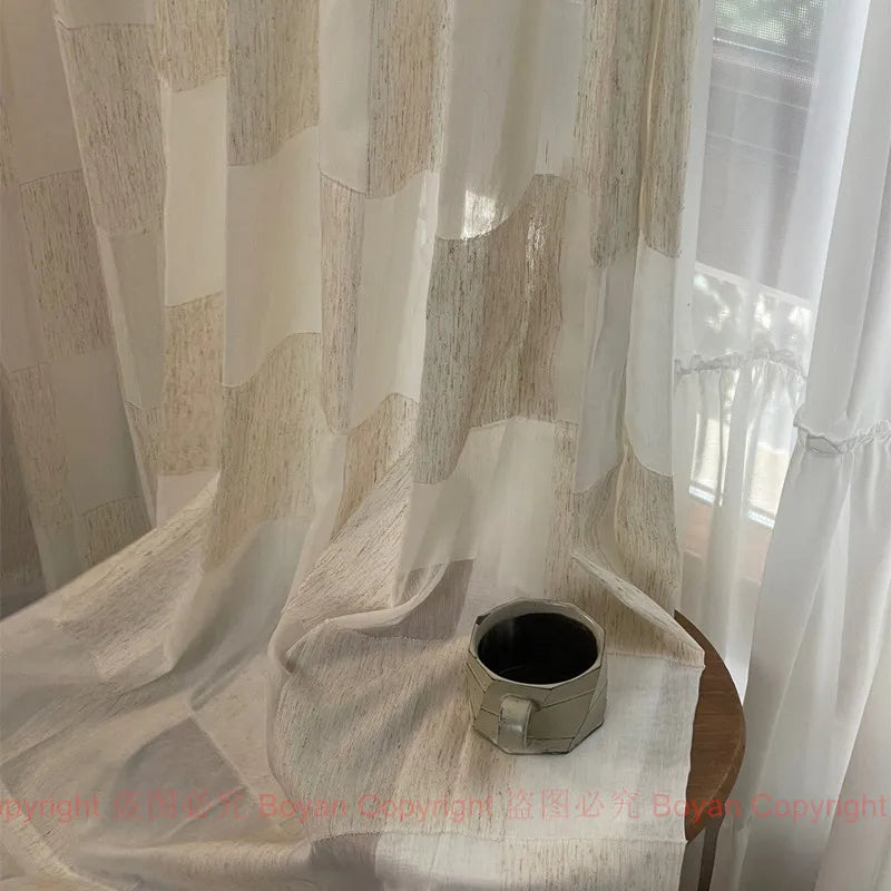 PLAID CHECK SHEER CURTAINS - Linen-Look Voile Tulle Panel - Vintage Grid & Airy