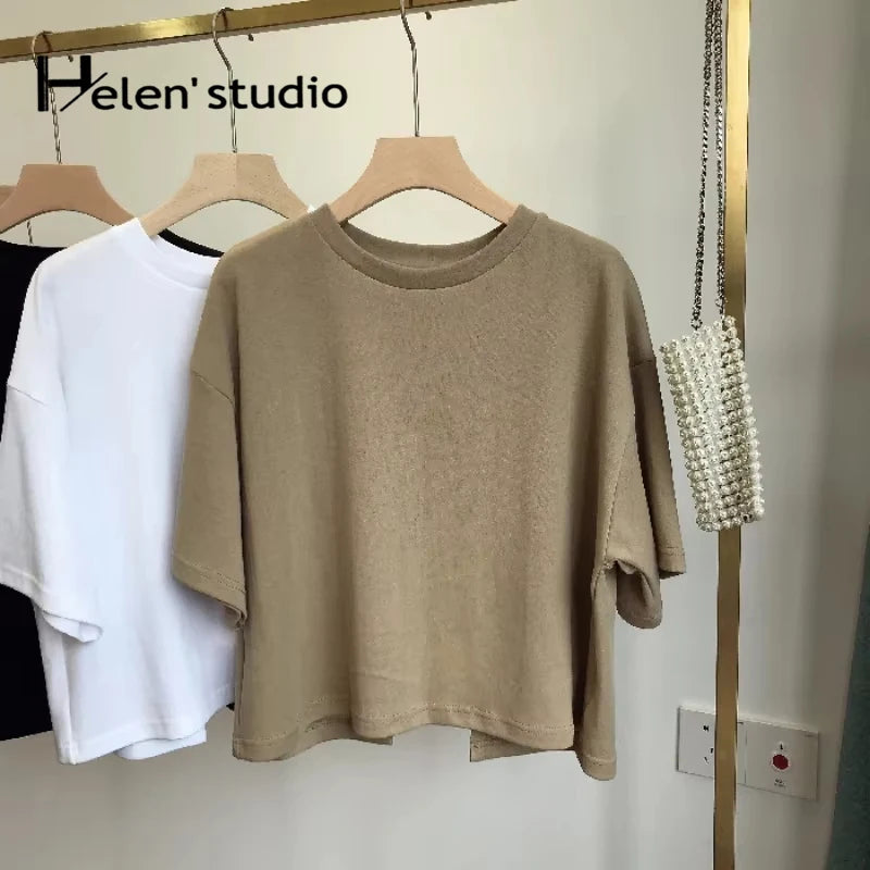 Summer Vintage Women's Short Sleeve Tee Korean Casual Backless Overside T-Shirt Round Neck Short-Sleeved Crop Tops Y2k Brown Top