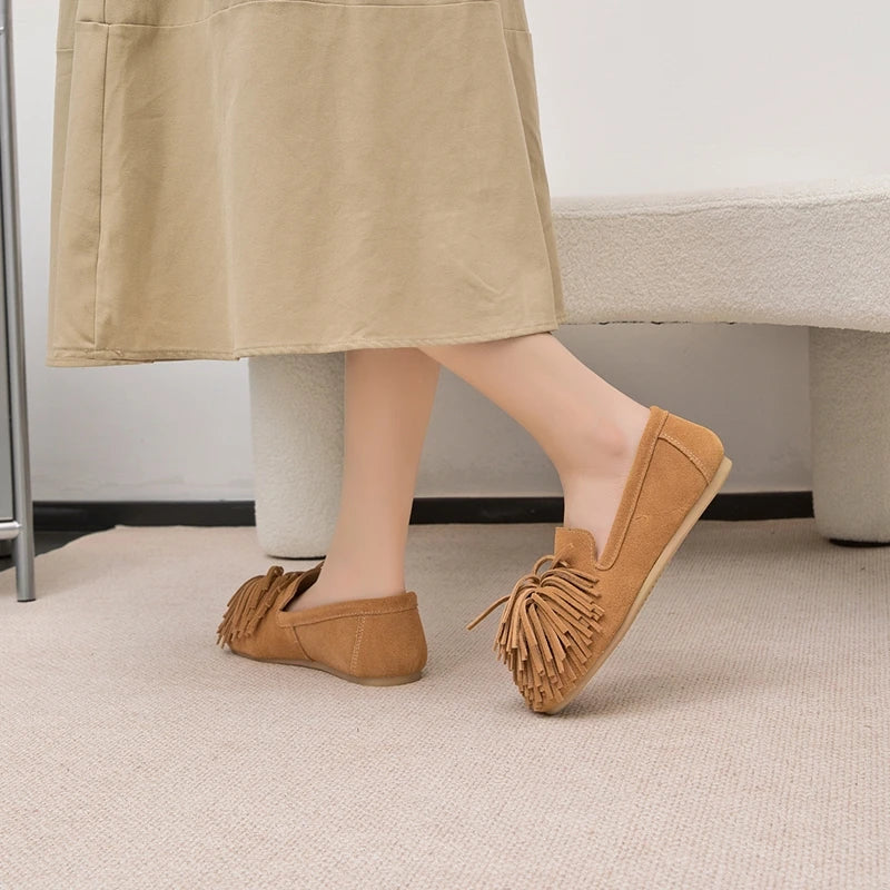 AIYUQI Women's Flat Shoes Genuine Leather 2026 New Tassel Women's Loafers Large Size Ballet Mary Jane Shoes For Women