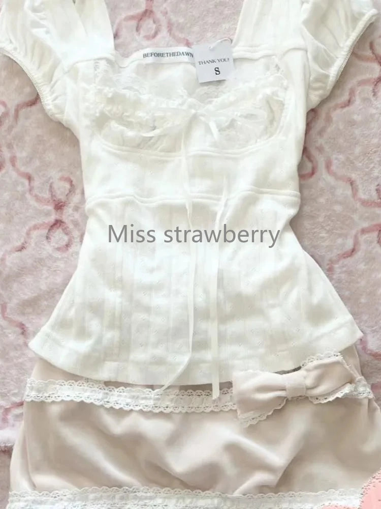 Summer Vintage Short Sleeve White Lace T-Shirts Women Design Chic Square Neck Lace Up Shirts Fashion Sweet Skinny Short Tops New