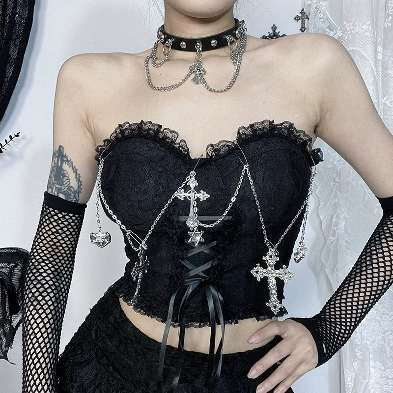 Vintage Mall Gothic Flocking Camisole Women Aesthetic Fairycore Grunge Y2k E-girl Lace Patchwork Beading Crop Tank Tops