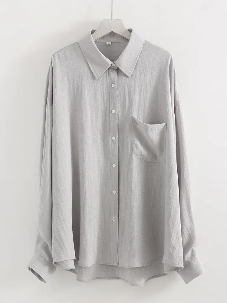 Streamgirl Summer White Linen Shirts For Women Oversized Long Sleeve Tops Lady Loose Basic Linen Tops Women Blue Shirts Oversize