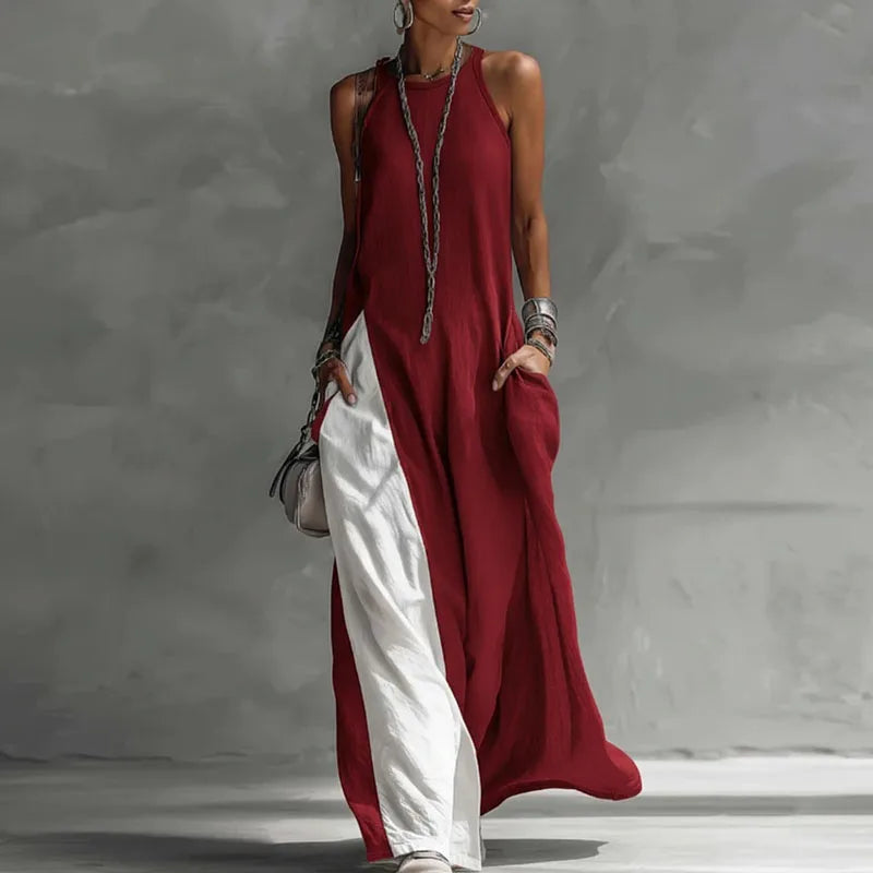 Casual Sleeveless Summer Boho Vacation Maxi Dress for Women - Sexy O-Neck Contrast Color Long Dress with Pockets - Spring A-Line Party Dresses