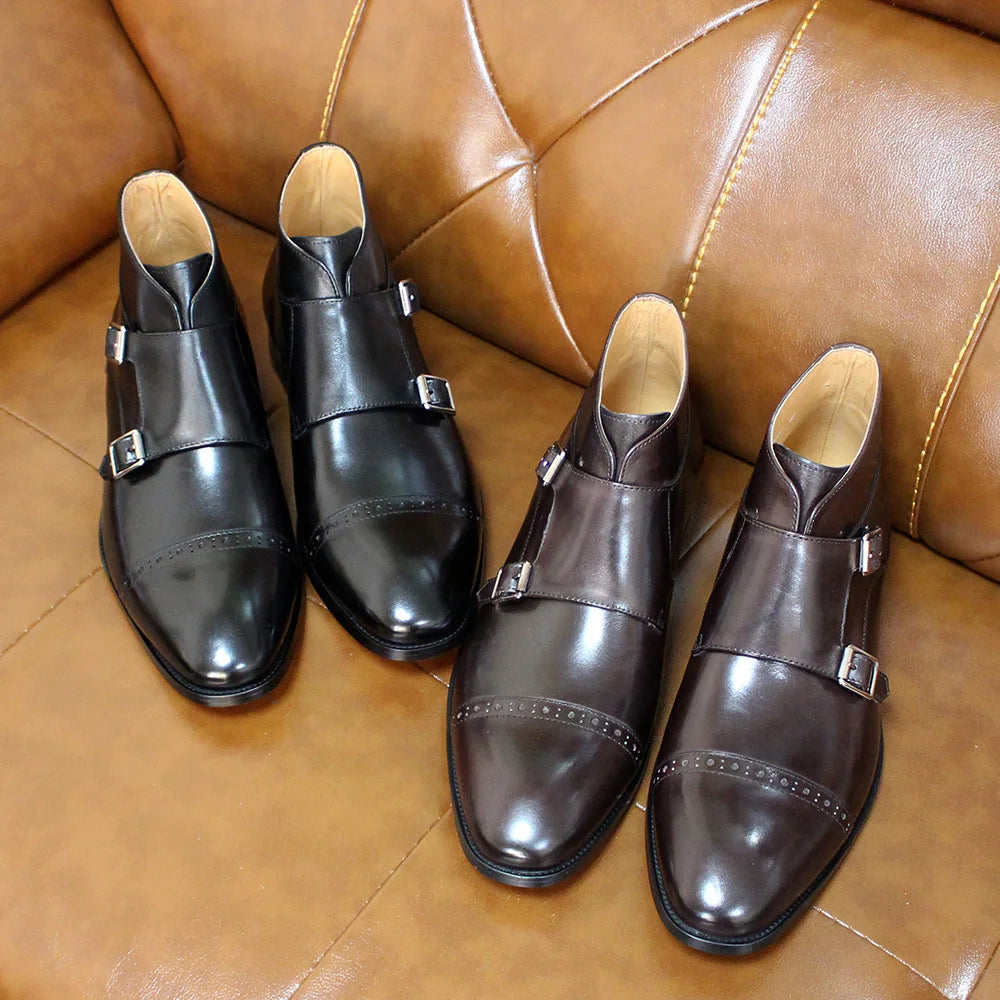 DOUBLE BUCKLE MONK STRAP BOOTS - Men's Genuine Calf Leather Ankle Boots Retro Cowboy Style - Black & Brown