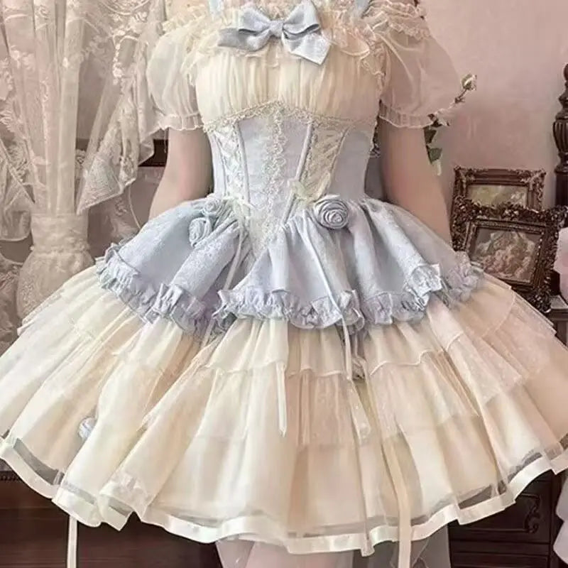 2026 New Sweet Lolita Dress Women Ruffled Lace Halter Neck Cute Dress Bow Princess Party Dress Kawaii Gothic Cosplay Costume